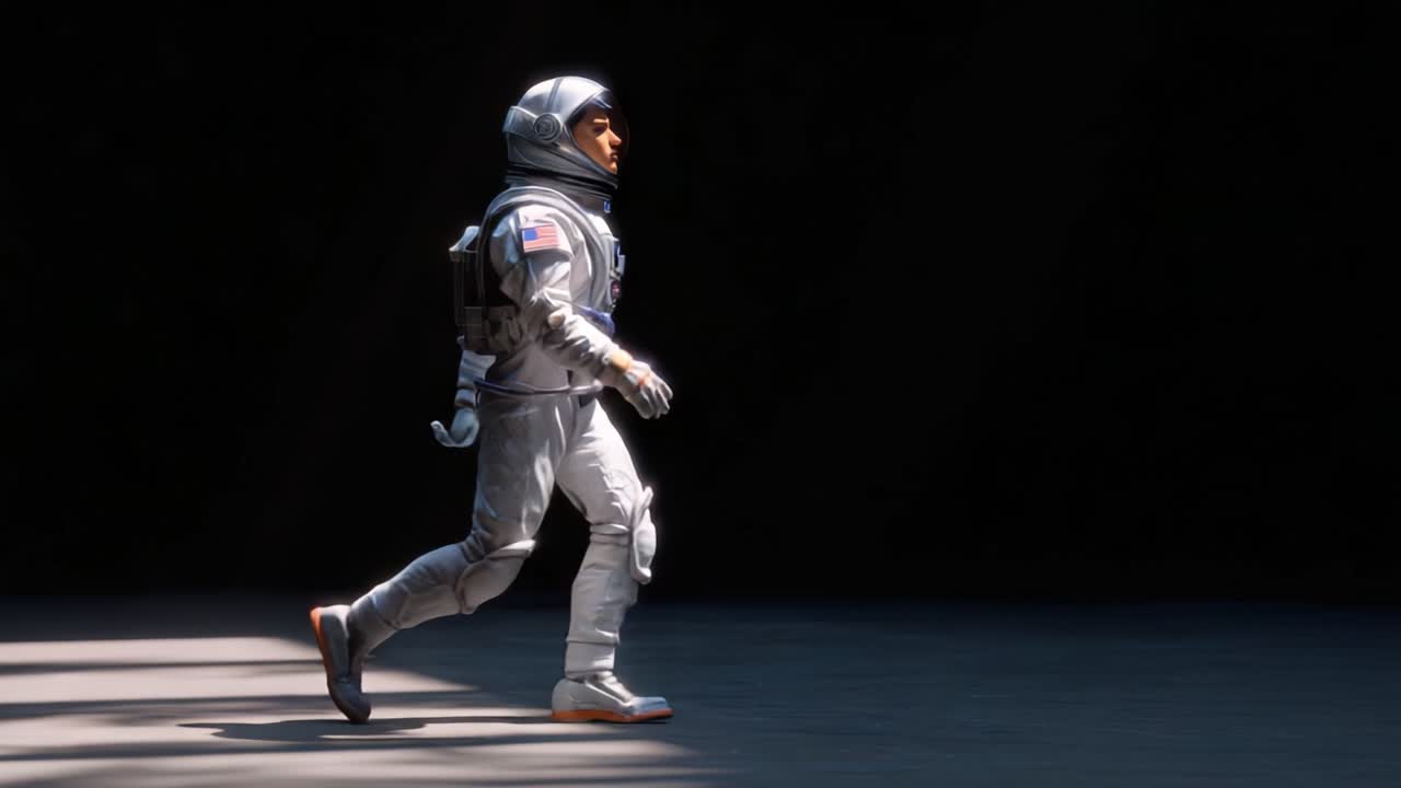 An Astronaut Walking Through a Dimly Lit Space, Captured in Two Distinct Frames Emphasizing the Journey and Exploration of the Cosmos