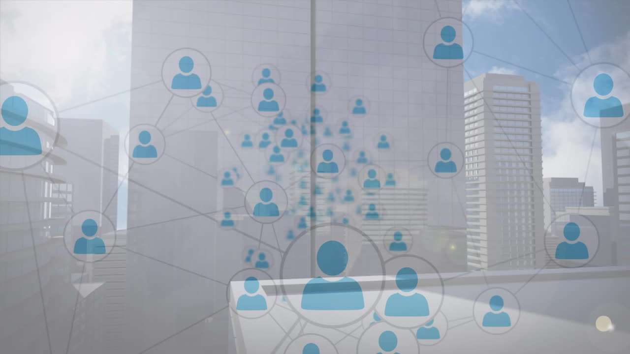 Animazione di reti di connessioni con icone su un paesaggio urbano