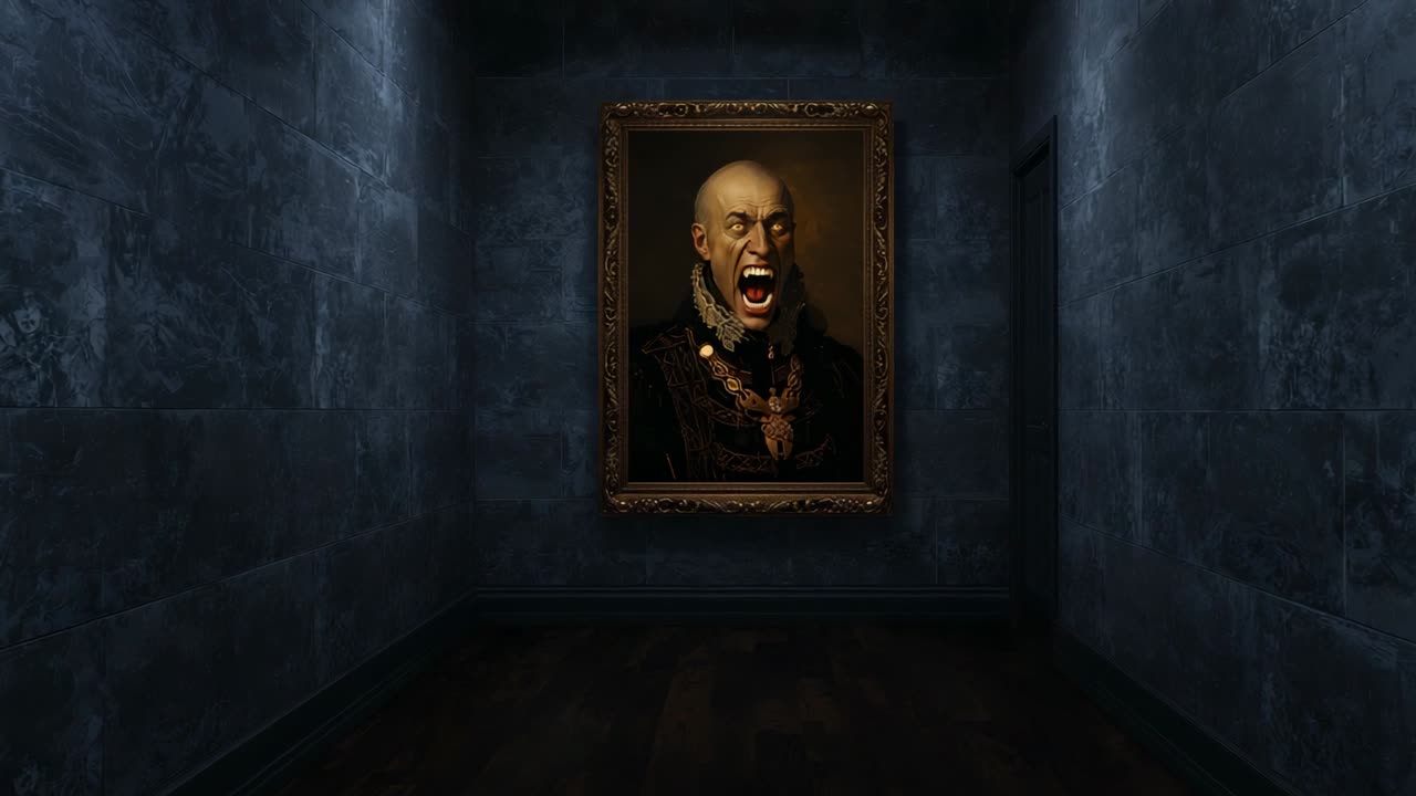 At third second portrait in frame narrowing eyes then screaming causing jump-scare in corridor