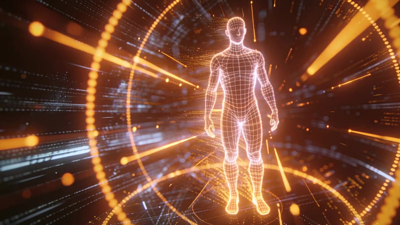 Walking wireframe avatar moving within HUD as rings accelerating, emitting particles for hologram