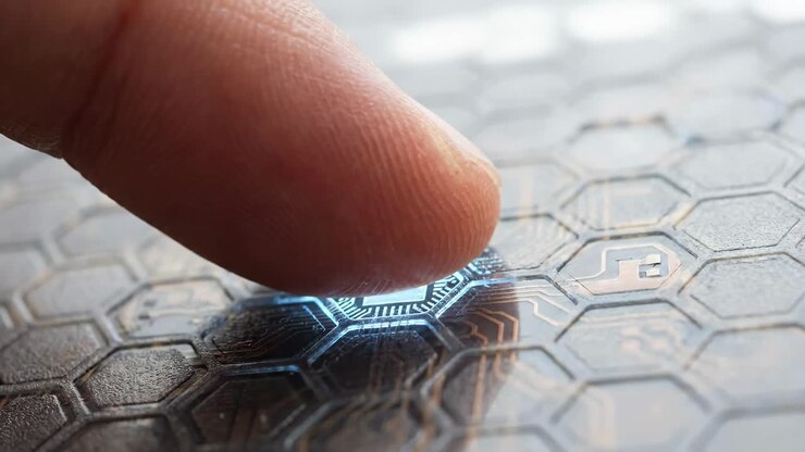Human Finger Activating Glowing Hexagonal Technology Interface