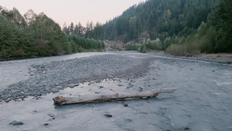 Static-aerial-footage-of-a-log-that-is-stuck-in-a-river-with-water-rushing-around-it