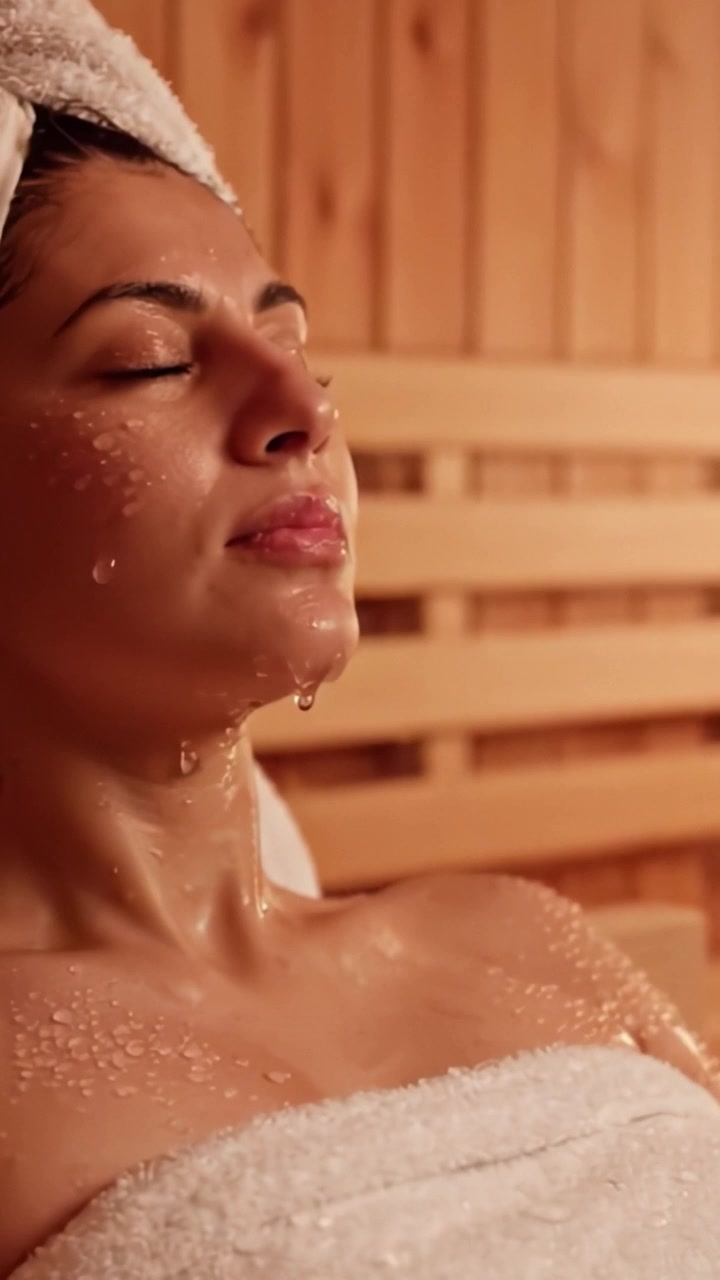 Relax e tranquillità: Una donna si gode un'esperienza spa rigenerante in un ambiente sauna sereno, abbracciando l'atmosfera rilassante e il calore.