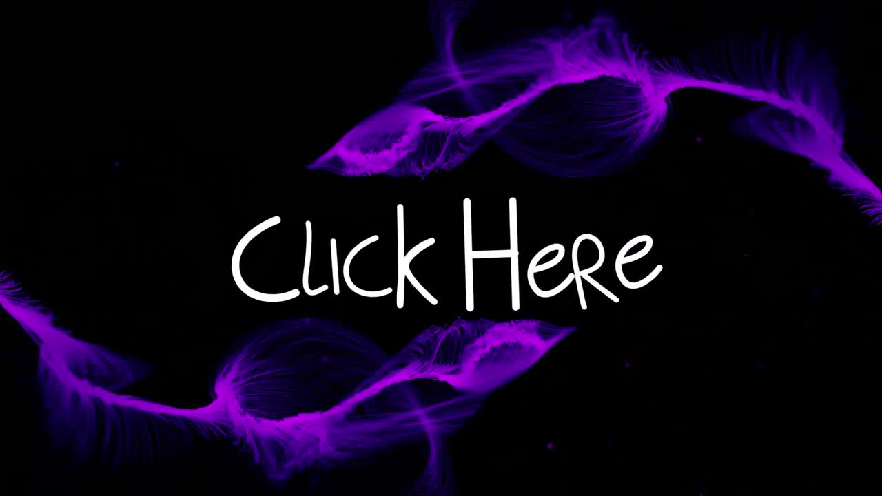 animación de clic aquí texto sobre formas púrpuras sobre fondo negro.