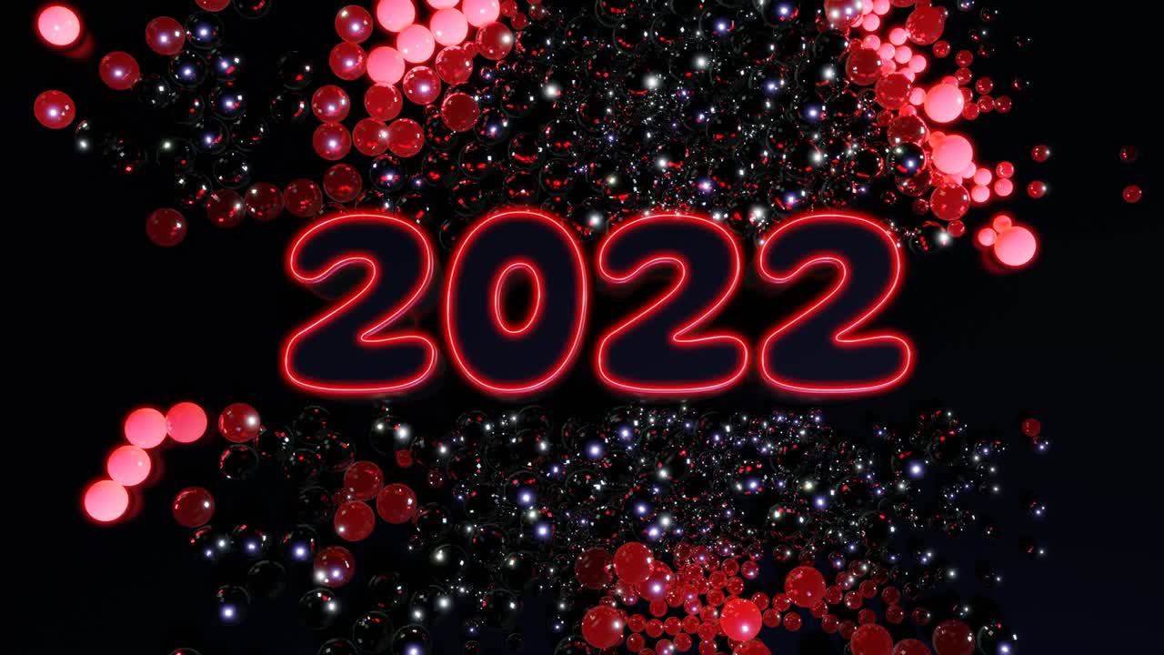números de año nuevo en bucle 2022 y guirnalda de navidad de bolas o esferas esparcidas en el plano, que se iluminan de rojo y forman un hermoso patrón. composición de navidad 4k con luz de neón