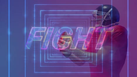 animation of fight text over american football player on neon background