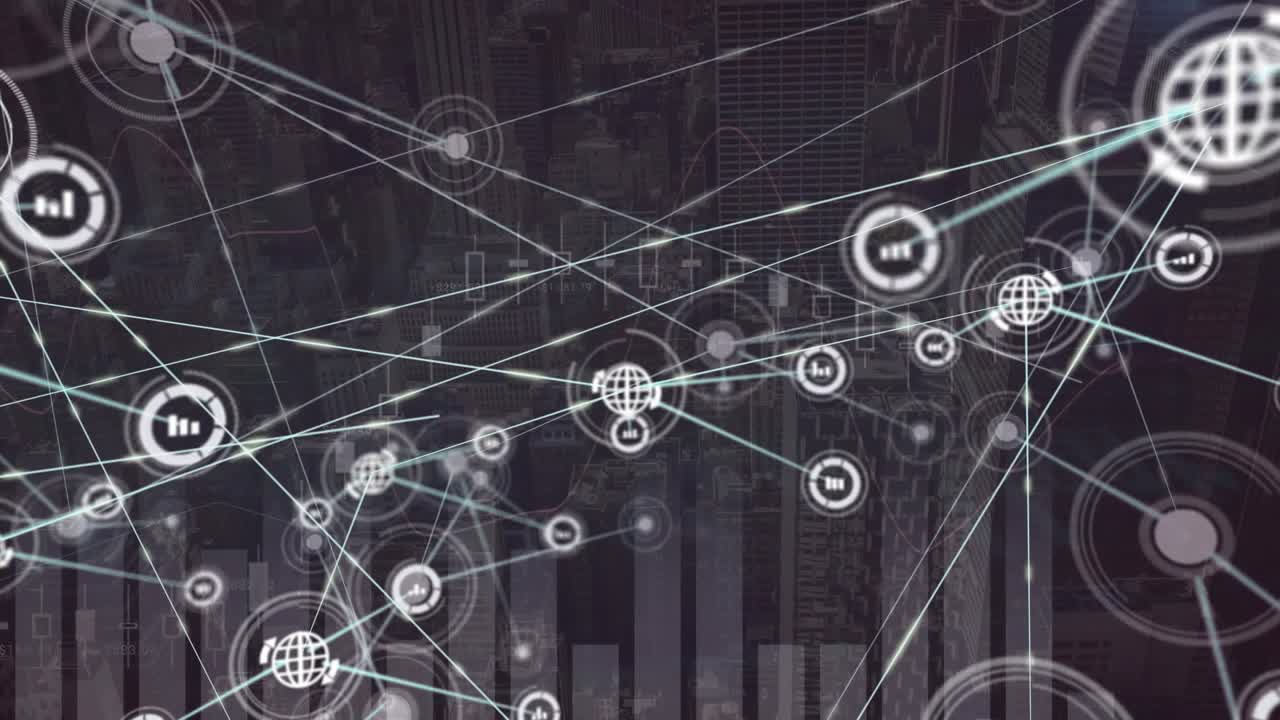 Animation of network of connections with icons with data processing
