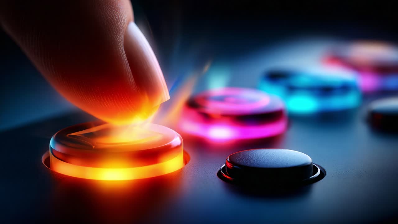 A Close-Up of a Finger Pressing a Vibrant, Illuminated Button on a Modern Interface, Showcasing Dynamic Colors and Enhanced User Interaction in a Digital Setting