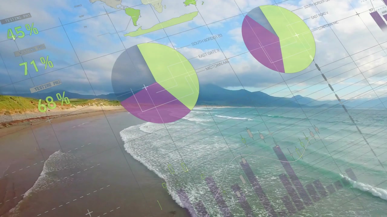 Translucent data pie chart being animated over beach sand, showing bar and line graphs, % labels