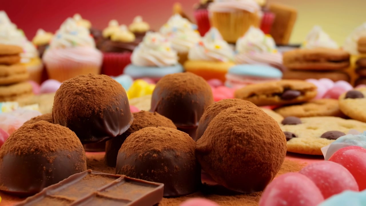 Truffle cokelat bertabur kakao duduk dalam fokus latar depan yang tajam sementara bingkai yang lebih lebar secara bertahap memperlihatkan permen warna-warni, kue mangkuk berlapis gula, dan biskuit dengan latar belakang merah dan kuning yang hangat