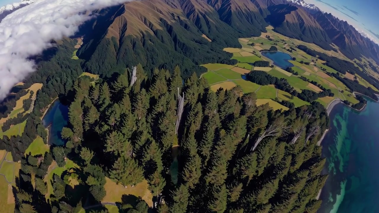 Vista aerea di pineta e montagne in Nuova Zelanda