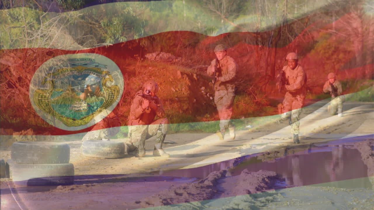 Costa Rican flag and emblem overlaid on soldiers in action animation