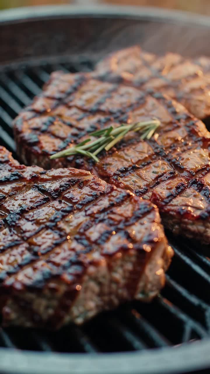 Close-up video of sizzling grilled steaks with rosemary garnish, showcasing juicy texture