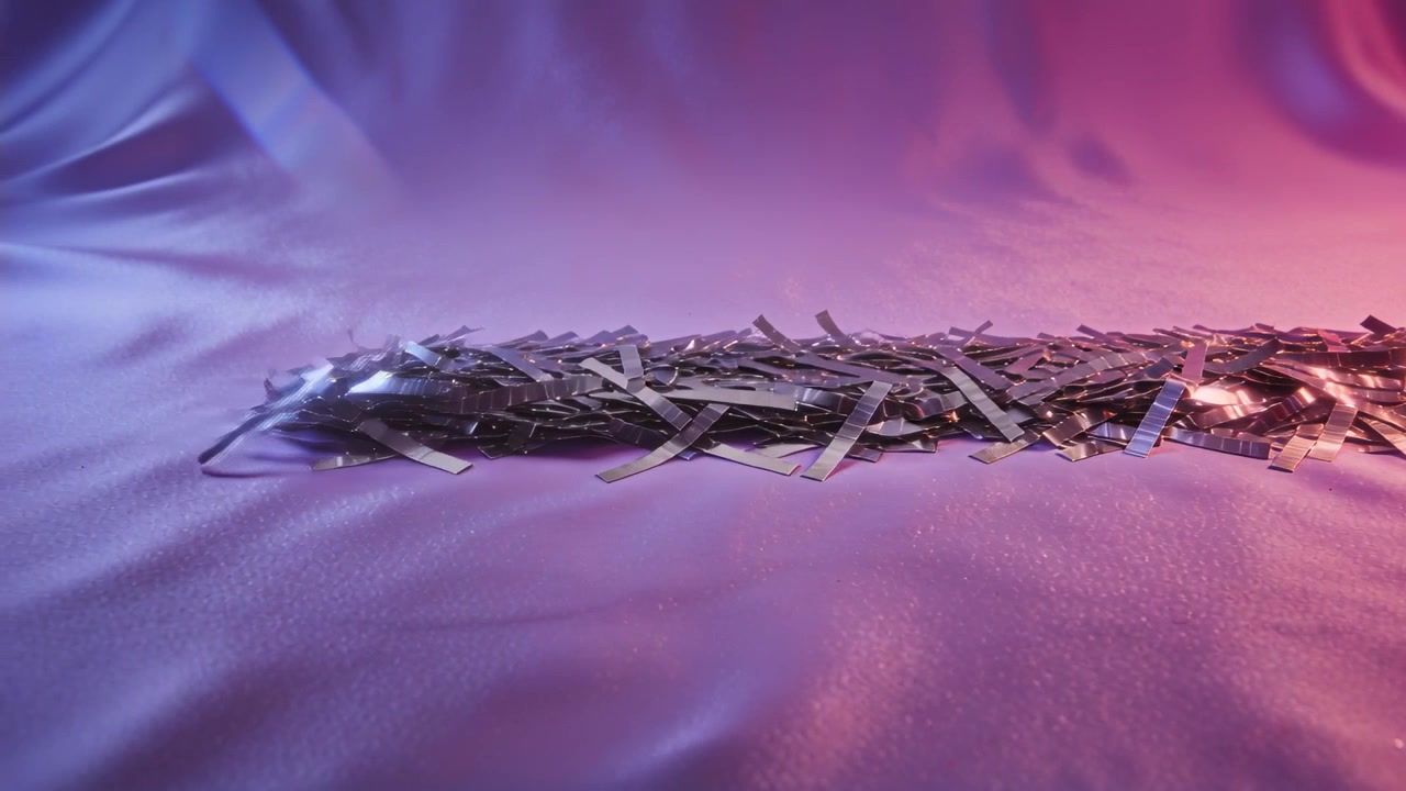 Sliding silver tinsel strips entering from right across satin, forming flat band under dual lights