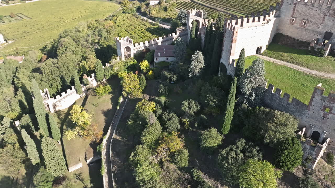 el castillo de soave scaliger está rodeado de exuberante vegetación en verona, norte de italia.