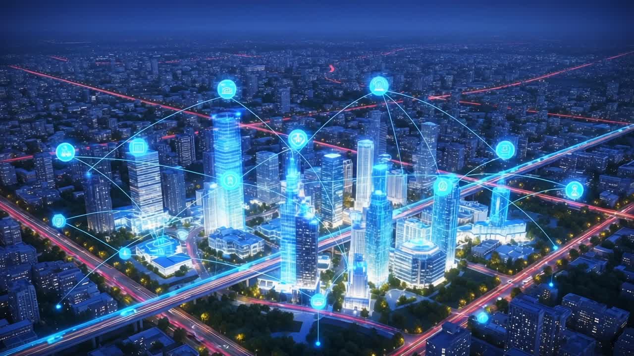 Futuristic Visual of a Smart City with Interconnected Buildings and Digital Networks Lighting Up the Urban Landscape at Night, Showcasing Technological Advancements and Connectivity