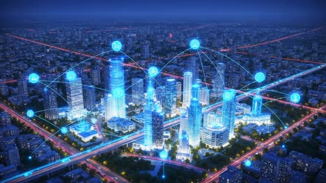 futuristic visual of a smart city with interconnected buildings and digital networks lighting up the urban landscape at night, showcasing technological advancements and connectivity