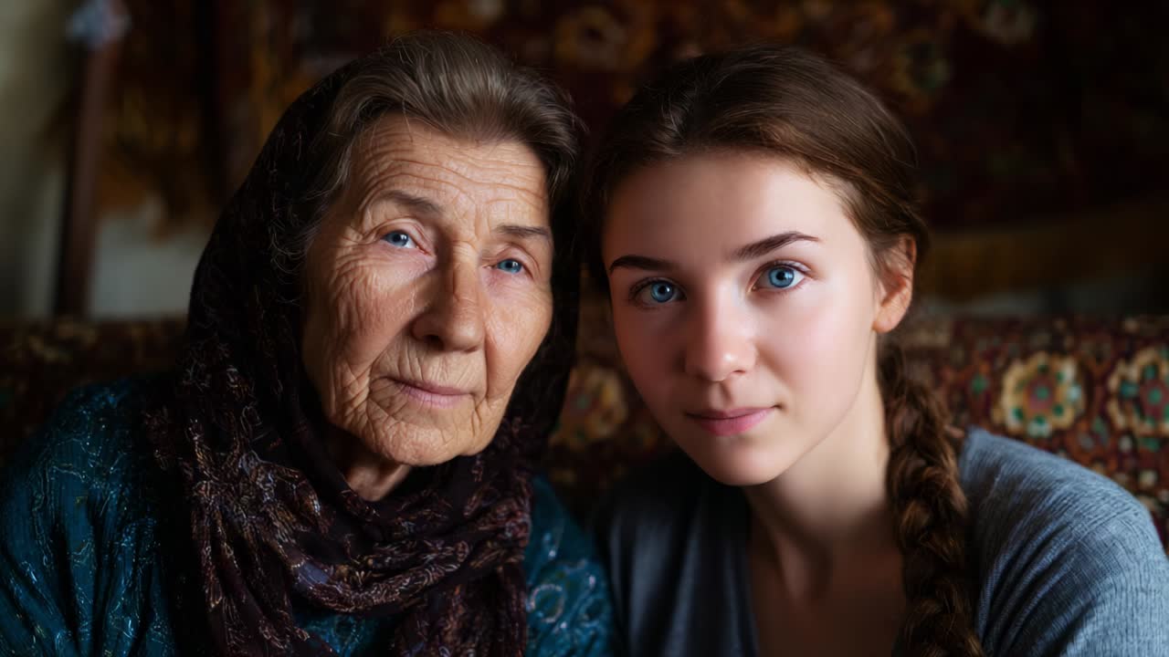 A touching portrait capturing the bond between a grandmother and granddaughter, showcasing their expressions and the warmth of family connection through generations in a cozy, intimate setting