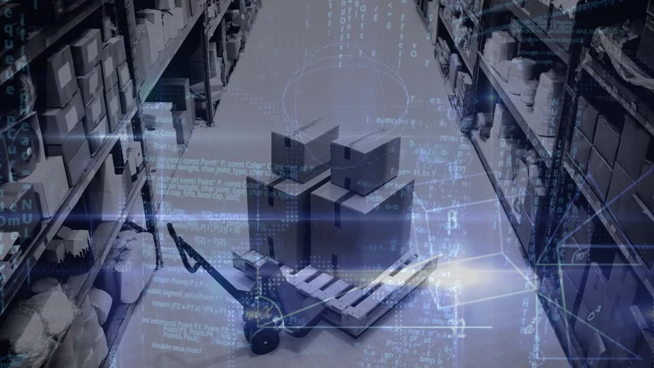 Geometric shapes and data processing against delivery boxes on forklift at warehouse