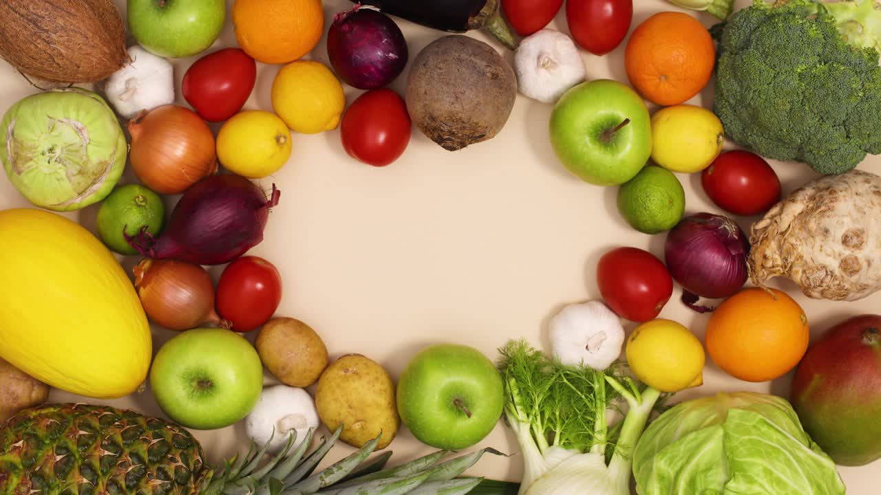 frame de frutas y verduras saludables con espacio de copia en movimiento. detener el movimiento