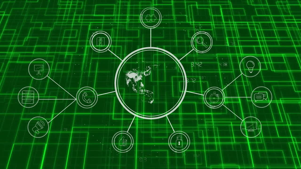 녹색 그리드 배경에서 디지털 네트워크 및 데이터 처리 애니메이션