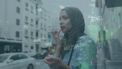 animation of financial data processing over biracial woman using smartphone