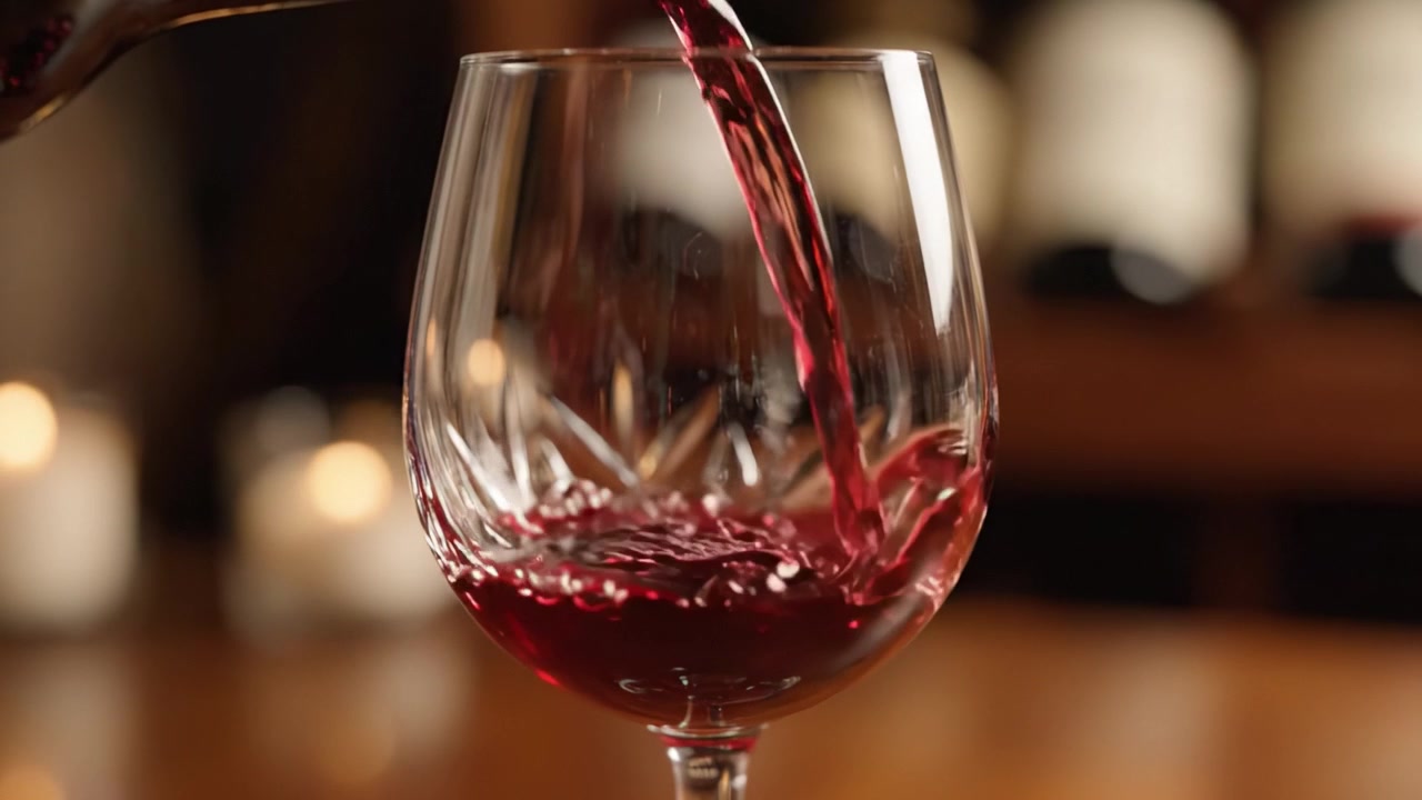 Un'esplorazione ravvicinata dell'arte di versare vino rosso in un bicchiere di cristallo, evidenziando il colore ricco e l'eleganza catturati in ogni fotogramma