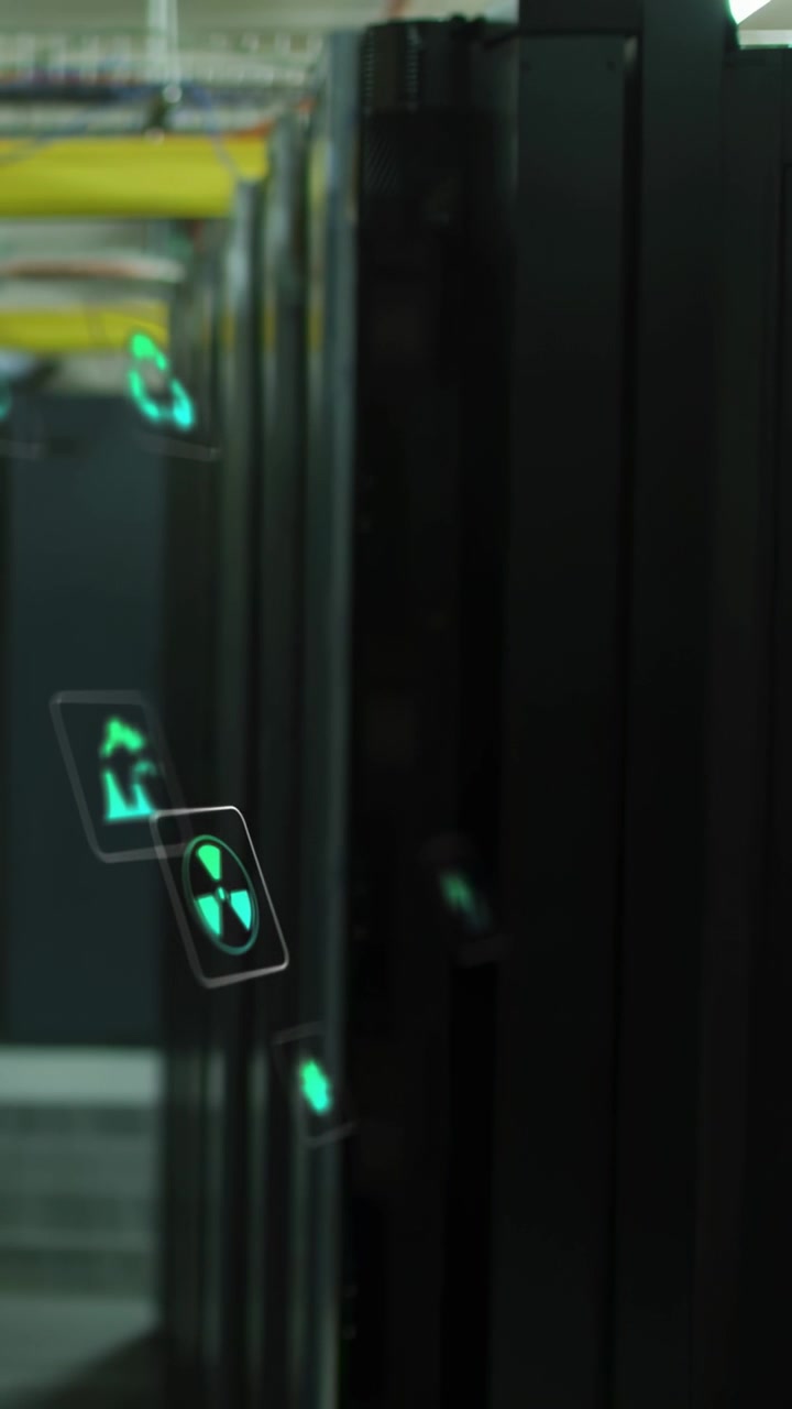 Vertical video: Server racks lining aisle, icons appearing, drifting down left, signaling data flow