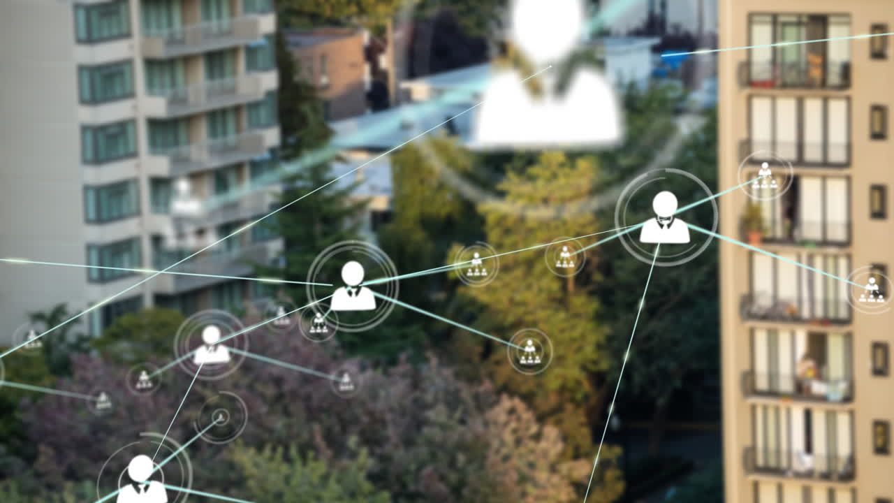 animación de la red de conexiones con las personas iconos sobre el paisaje urbano