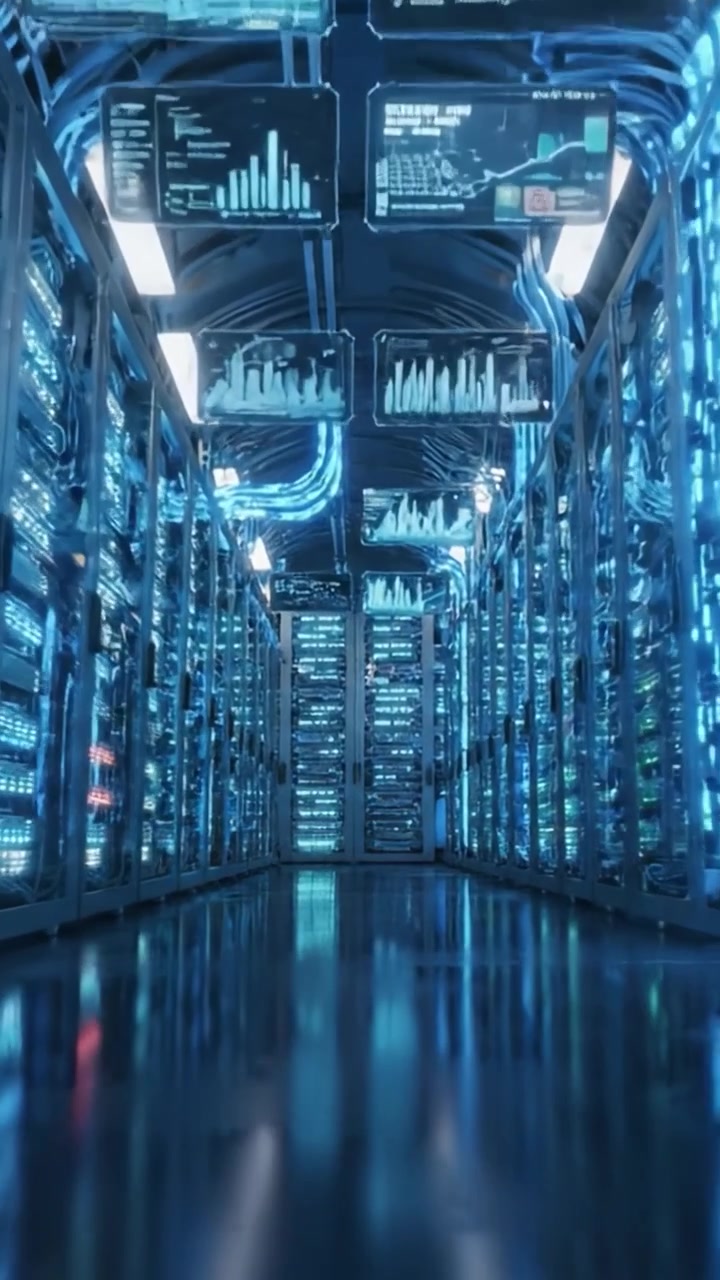 A Dazzling Perspective Inside a High-Tech Data Center, Showcasing Rows of Server Racks Illuminated in Striking Blue Light and State-of-the-Art Technology