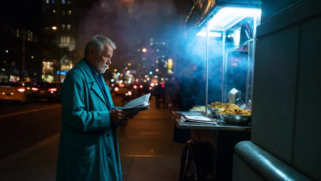 An Introspective Evening: A Man in a Teal Coat Reads the Menu at a Food Cart Amidst the Colorful Glow of City Lights and the Emanating Steam, Capturing the Essence of Urban Life After Dark