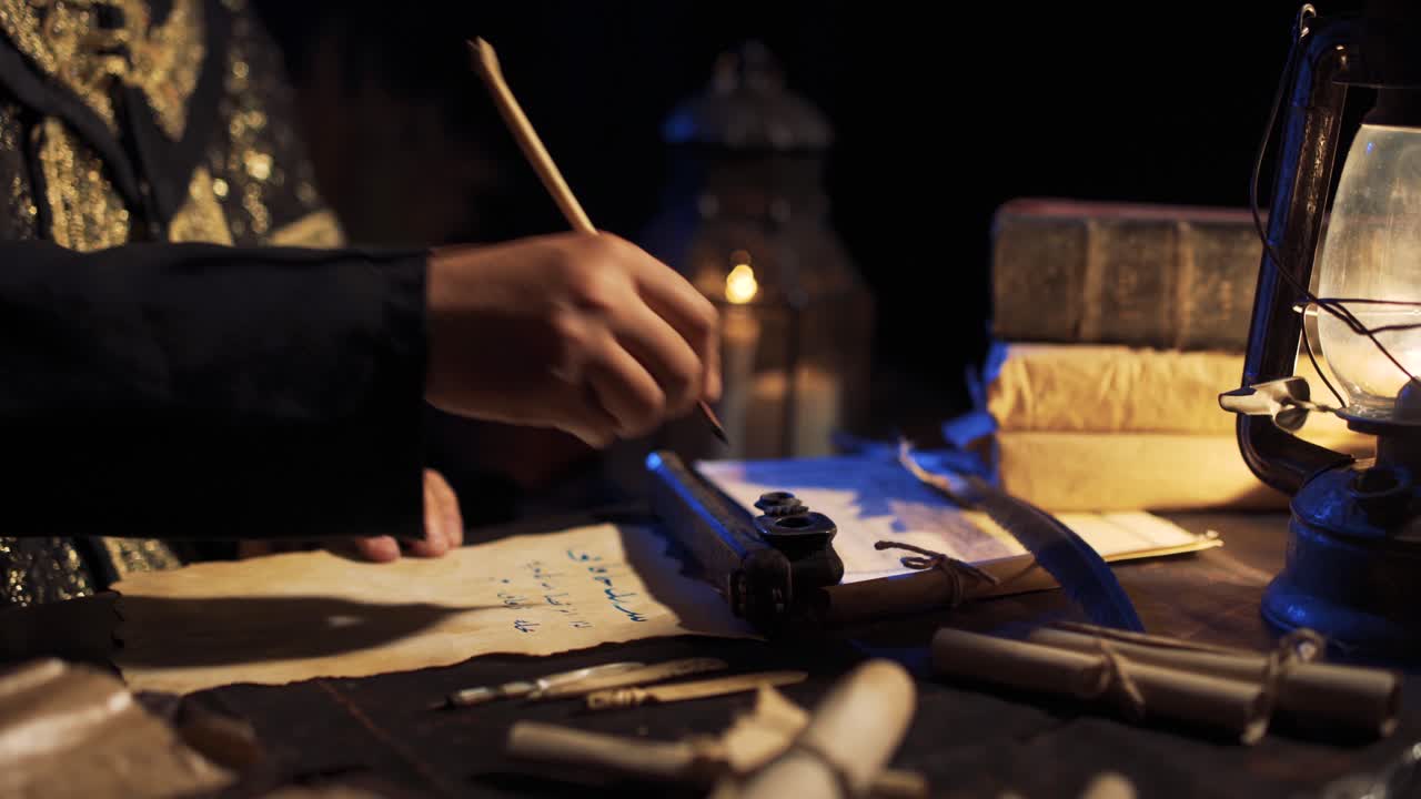 un hombre que escribía con tinta en la antigüedad.