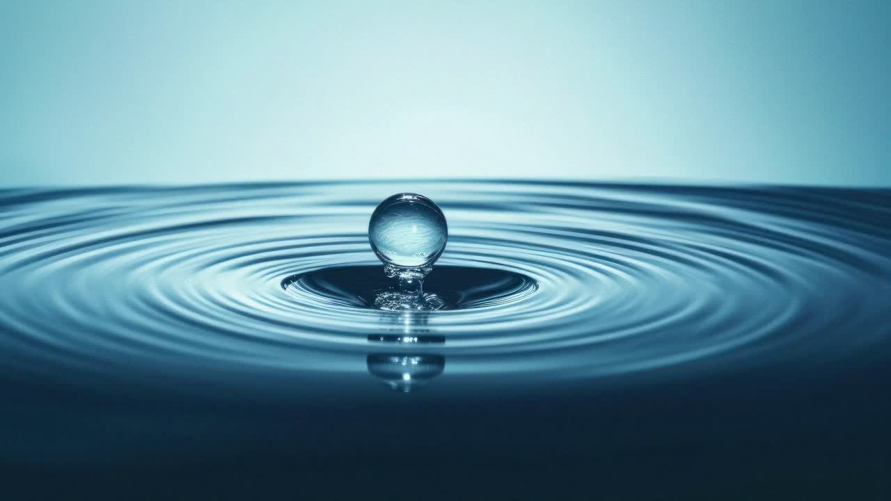 A close-up, low-angle shot of a water droplet creating ripples, evoking tranquility
