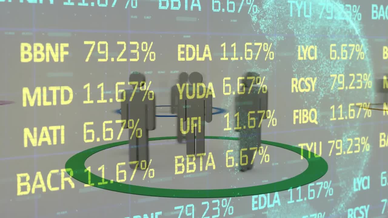 사람들과의 연결 네트워크의 애니메이션 아이콘과 금융 데이터 처리