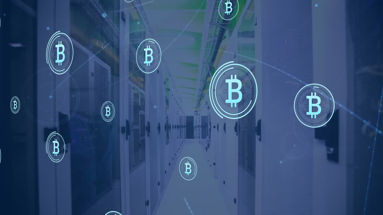 비트코인 아이콘의 애니메이션 및 컴퓨터 서버를 통해 데이터 처리