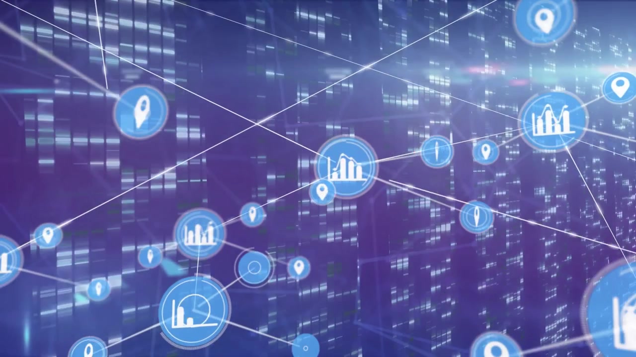 Animation of network of connections with icons over data processing