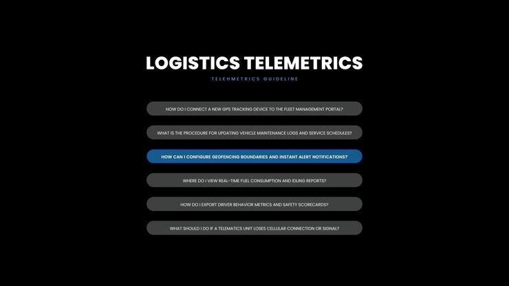 Logistics telematics menu UI animation featuring fleet management dashboard navigation