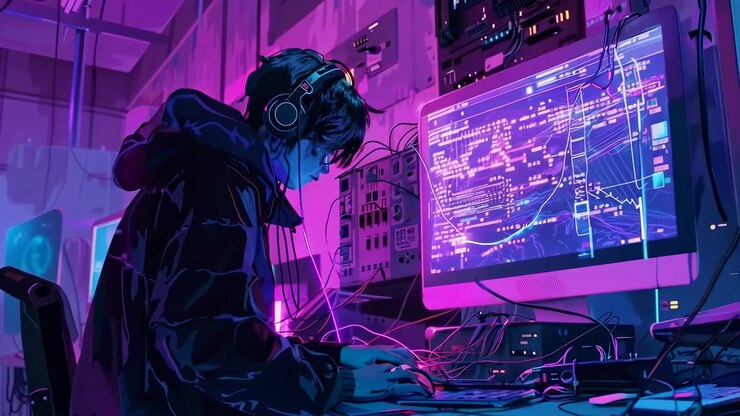 Young Hacker Working on Complex Data in Neon Lit Room