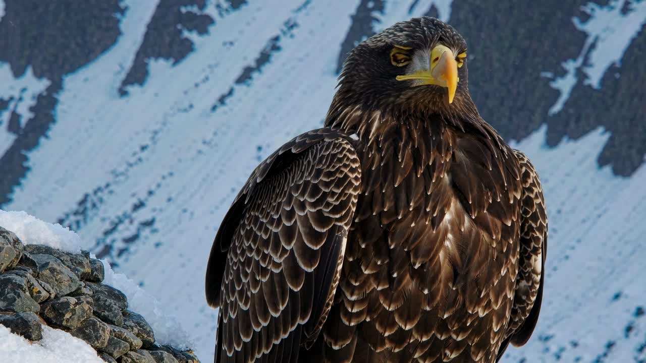 Close-up video still of a majestic eagle perched on snowy rocks, with a low-angle view highlighting