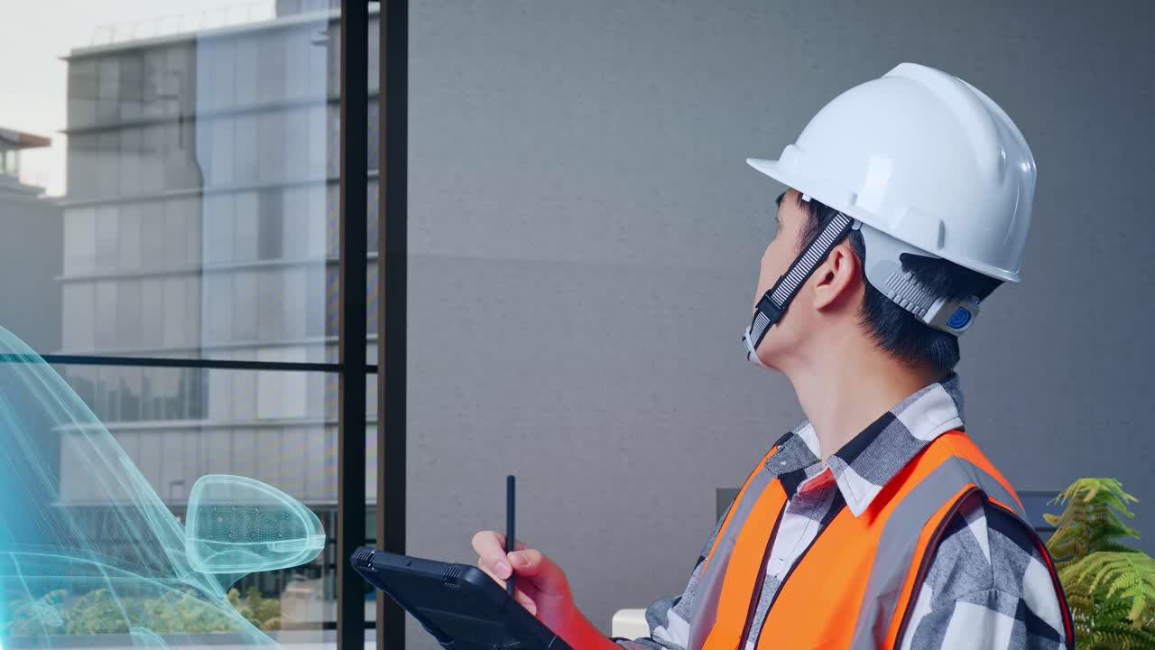 vista lateral de cerca de un ingeniero masculino asiático con casco de seguridad tomando nota en la tableta y mirando a su alrededor mientras está de pie con el concepto de vehículo eléctrico, instalación industrial de alta tecnología