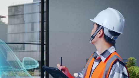 vista lateral de cerca de un ingeniero masculino asiático con casco de seguridad tomando nota en la tableta y mirando a su alrededor mientras está de pie con el concepto de vehículo eléctrico, instalación industrial de alta tecnología