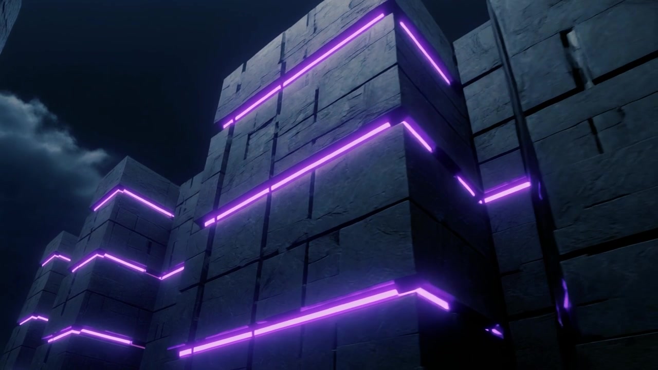 Abstrakcyjna futurystyczna architektura ze świecącymi fioletowymi neonami