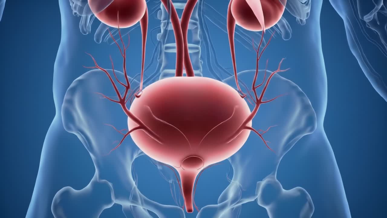 Anatomical Illustration of the Human Urinary System Featuring the Bladder and Kidneys, Highlighting Vascular Structures and Organ Interactions in a Detailed View