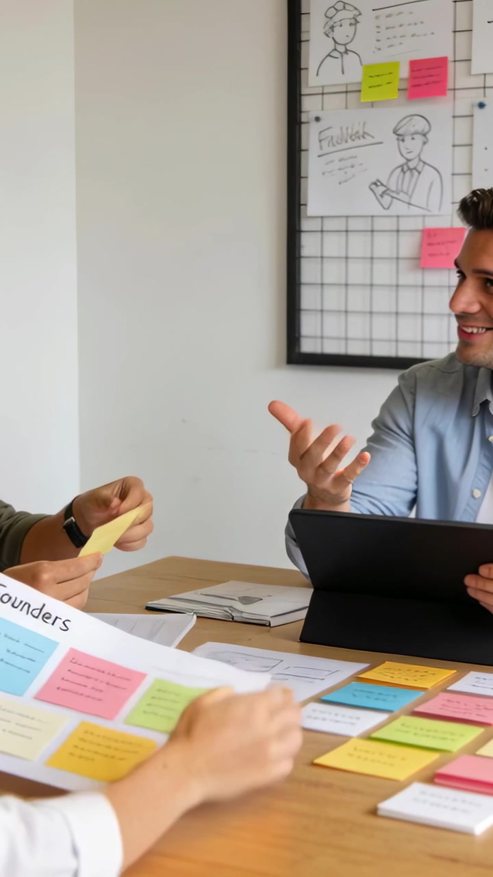 Vertical video: Holding Founders sheet, team planning at table, placing yellow sticky on gridboard