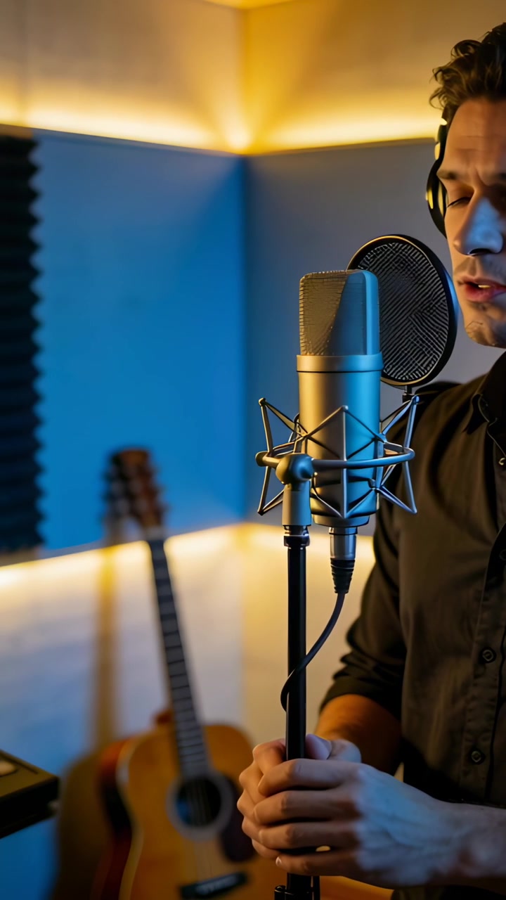 Video verticale: Cantante uomo che si prepara e poi canta nel microfono con le cuffie in studio, spazio per il testo.