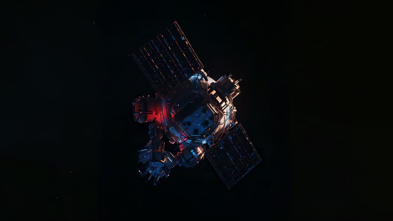 Panning camera revealing rotating spacecraft in orbit, with solar panels and red-lit bay