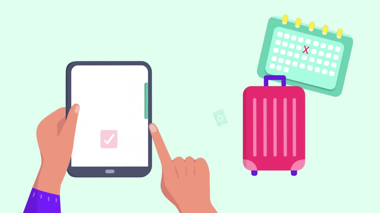 Animation of travel icons over hands using tablet