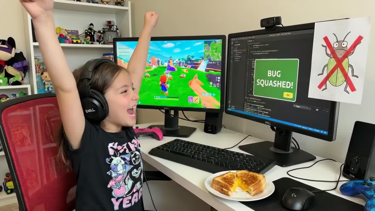Ragazza felice che festeggia il successo mentre gioca e programma a casa