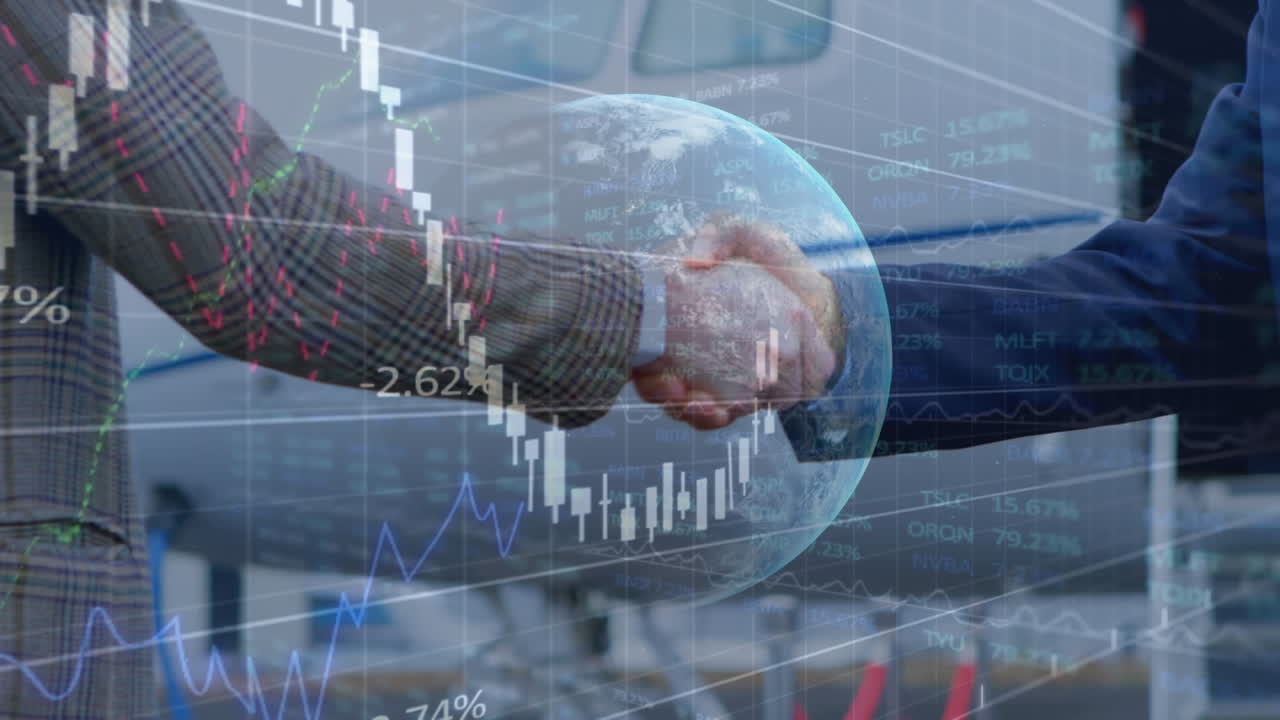 비즈니스맨의 손짓을 통해 지구와 금융 데이터 처리의 애니메이션