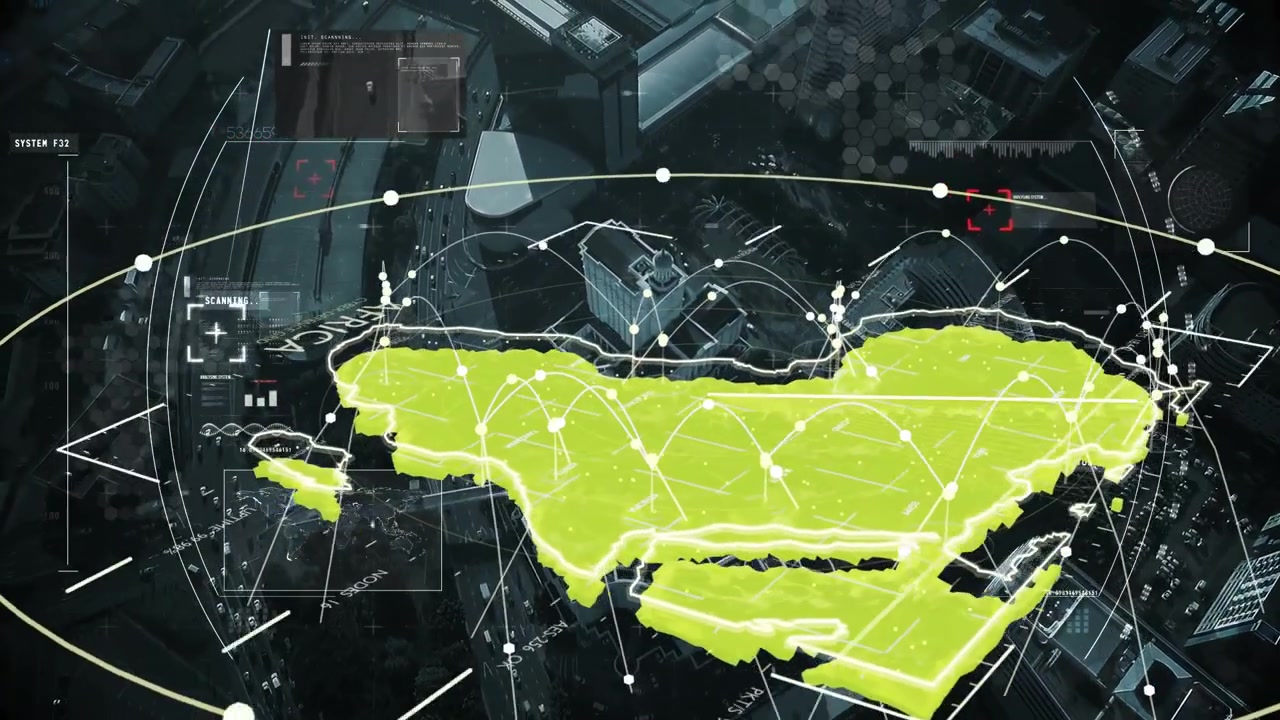 On scan command neon 3D Africa map rotating, pulsing nodes showing network flow over backdrop